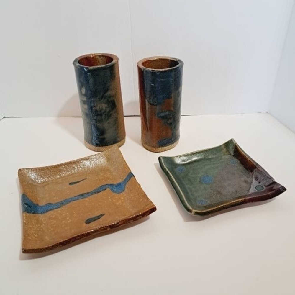 MTS Studio Pottery Set 4pc Brown Blue Vintage Rustic Primitive Salt Glaze Art